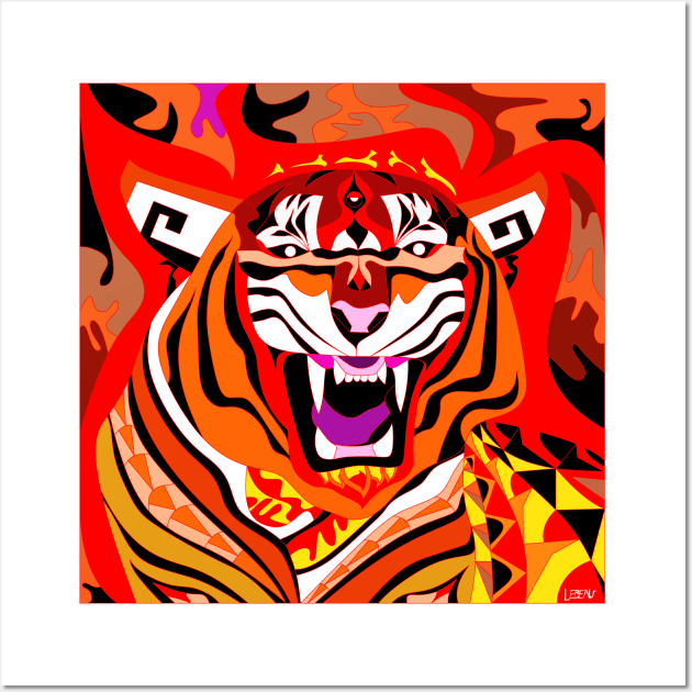 king ecopop tiger in asian zodiac fire pattern art Wall Art by jorge_lebeau